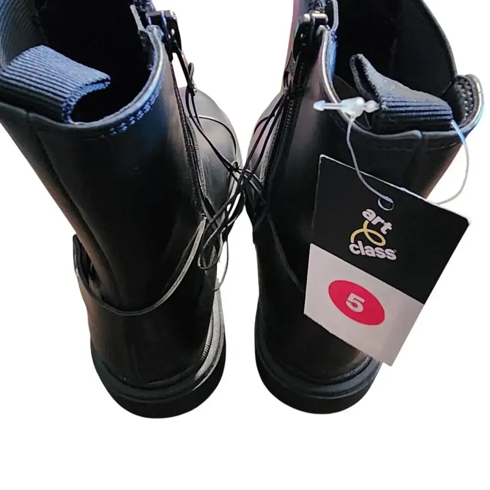 Art Class Black Side Zip Combat Moto Boots Size 5 NWT